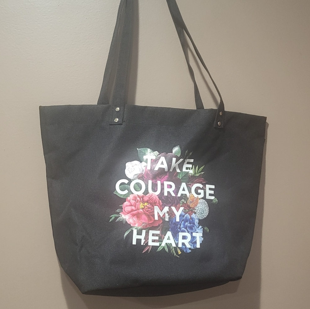 "Take Courage My Heart" Floral Black Canvas Tote